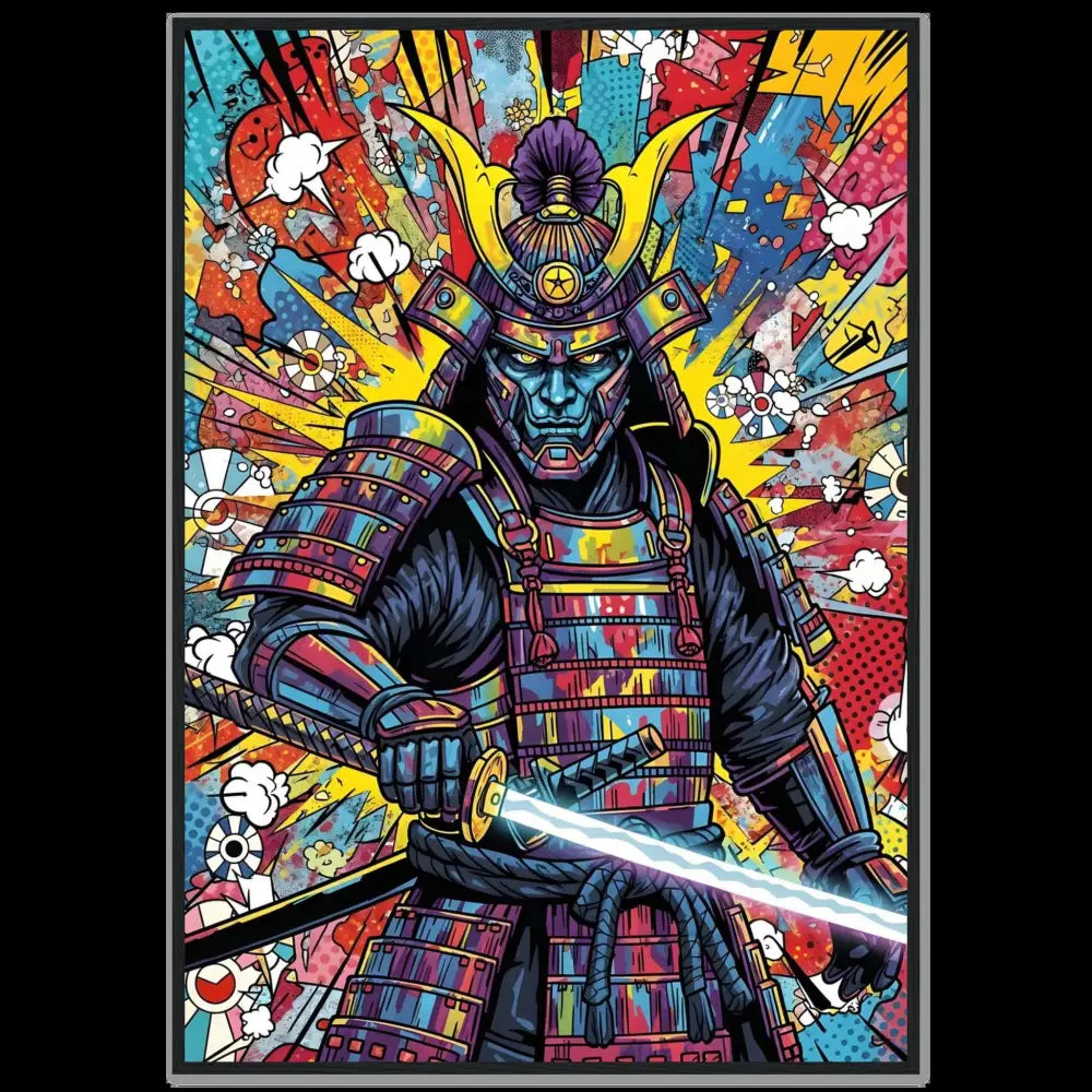 Vibrant samurai splash poster with glowing katana on sustainably sourced wood wall art