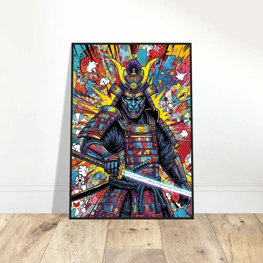 Framed Samurai Splash pop-art poster on sustainably sourced wood from PixiOnyx Wall Warrior Series