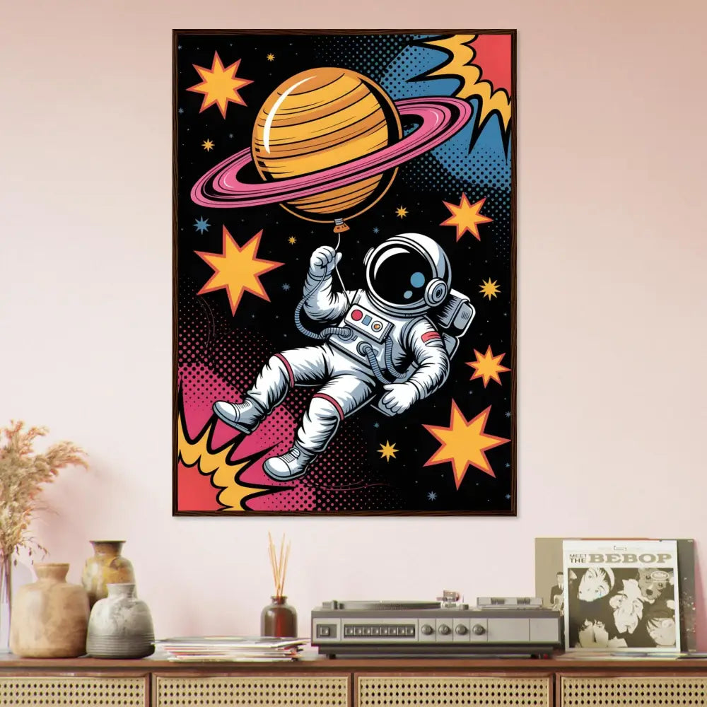 Pop art astronaut framed print on matte white paper with vivid clarity FSC-certified pine