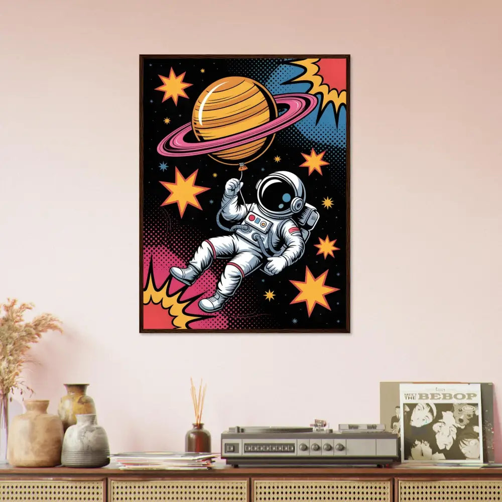 Framed poster of astronaut with planet-shaped balloon on vivid clarity FSC-certified pine