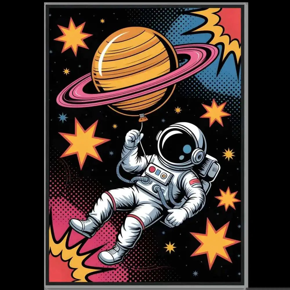 Cartoon astronaut holding planet-shaped balloon on framed poster with vivid clarity FSC-certified pine