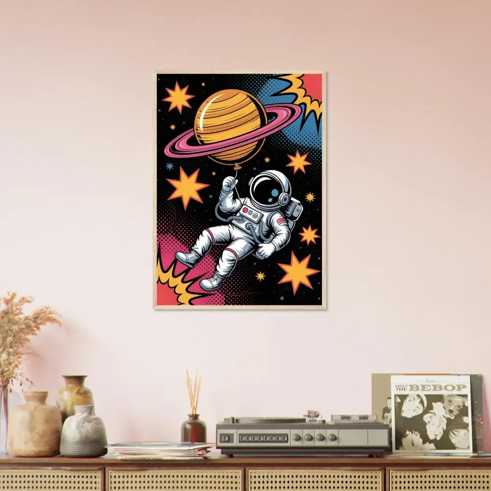 Vibrant pop-art astronaut holding Saturn balloon on FSC-certified matte white paper poster