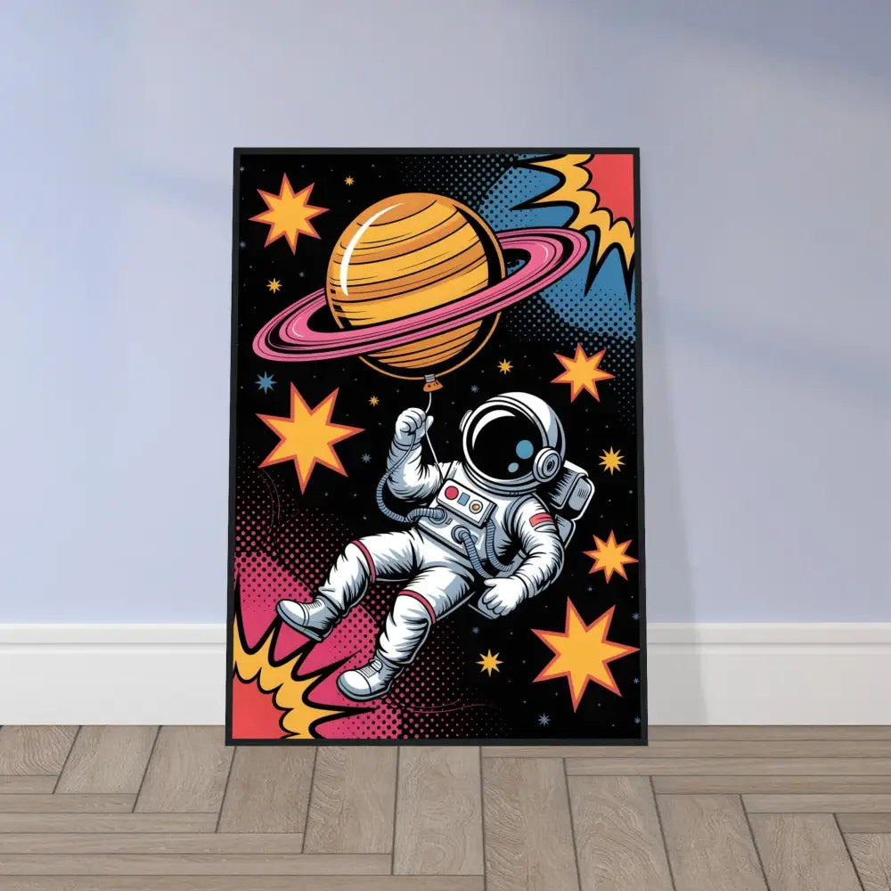 Framed pop art astronaut holding Saturn balloon on vivid clarity FSC-certified pine print
