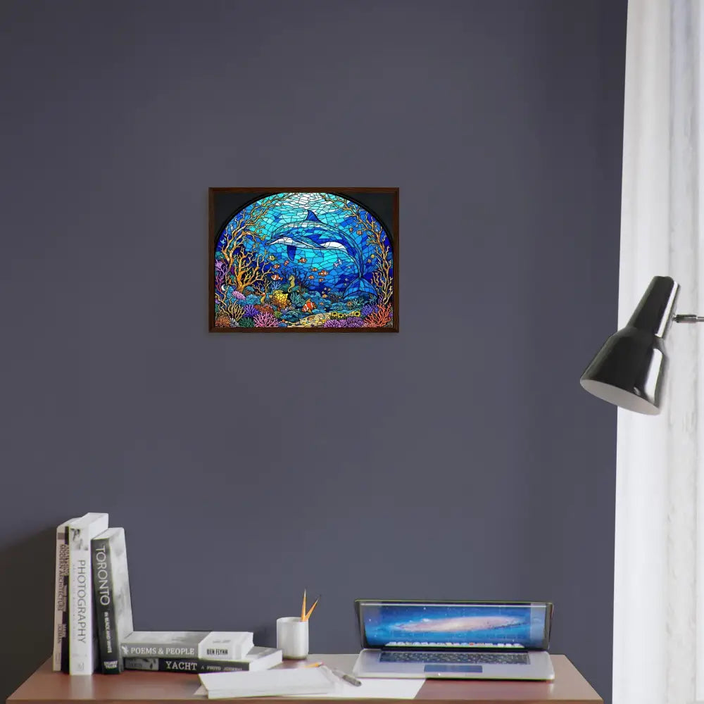 Framed stained-glass-style dolphin artwork in Sea Cathedral poster by PixiOnyx Oceanlight Relic
