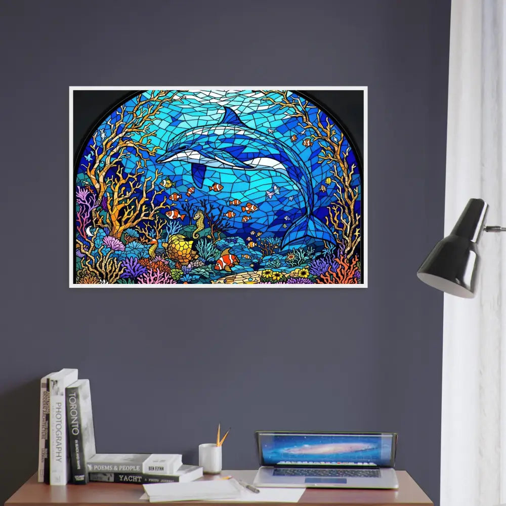 Framed Stained-Glass Dolphin Artwork from Sea Cathedral Poster by PixiOnyx Oceanlight Relic
