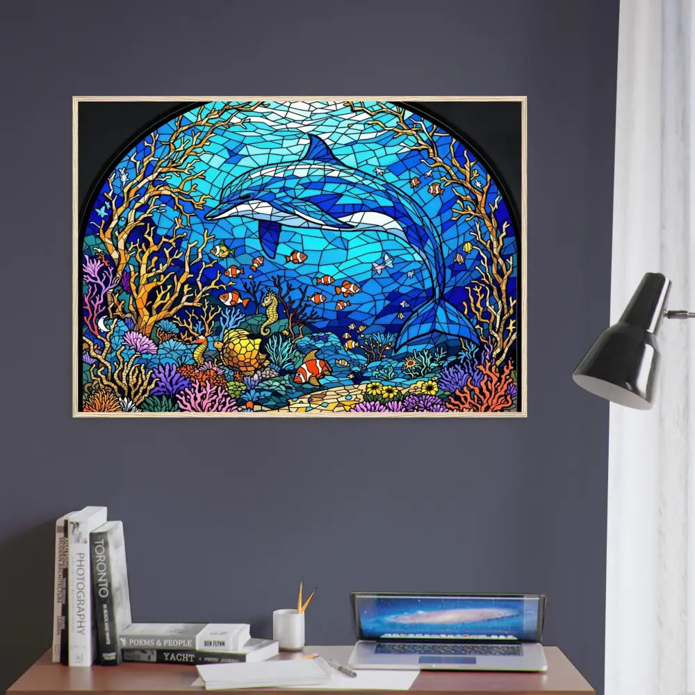 Framed stained-glass dolphin artwork displayed in Sea Cathedral PixiOnyx Oceanlight Relic poster