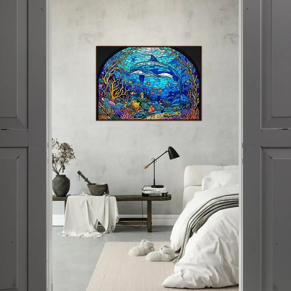 Stained glass dolphin artwork displayed in Framed Poster Sea Cathedral PixiOnyx Oceanlight Relic
