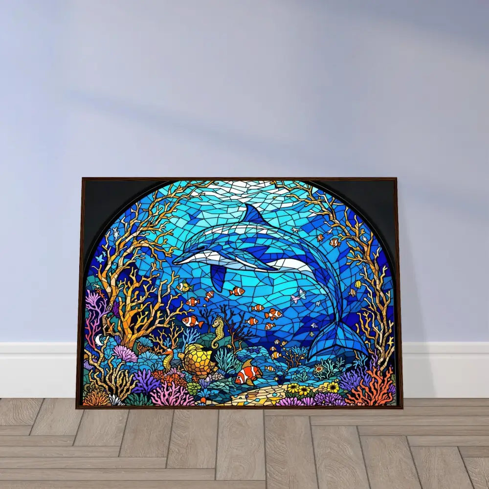 Dolphin stained glass artwork in framed poster Sea Cathedral PixiOnyx Oceanlight Relic