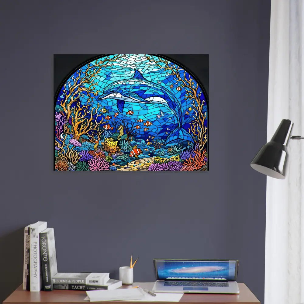 Dolphin stained glass artwork in Framed Poster Sea Cathedral PixiOnyx Oceanlight Relic