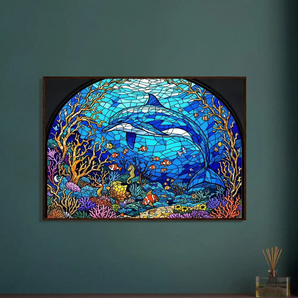 Dolphin stained-glass artwork framed as Sea Cathedral poster by PixiOnyx Oceanlight Relic