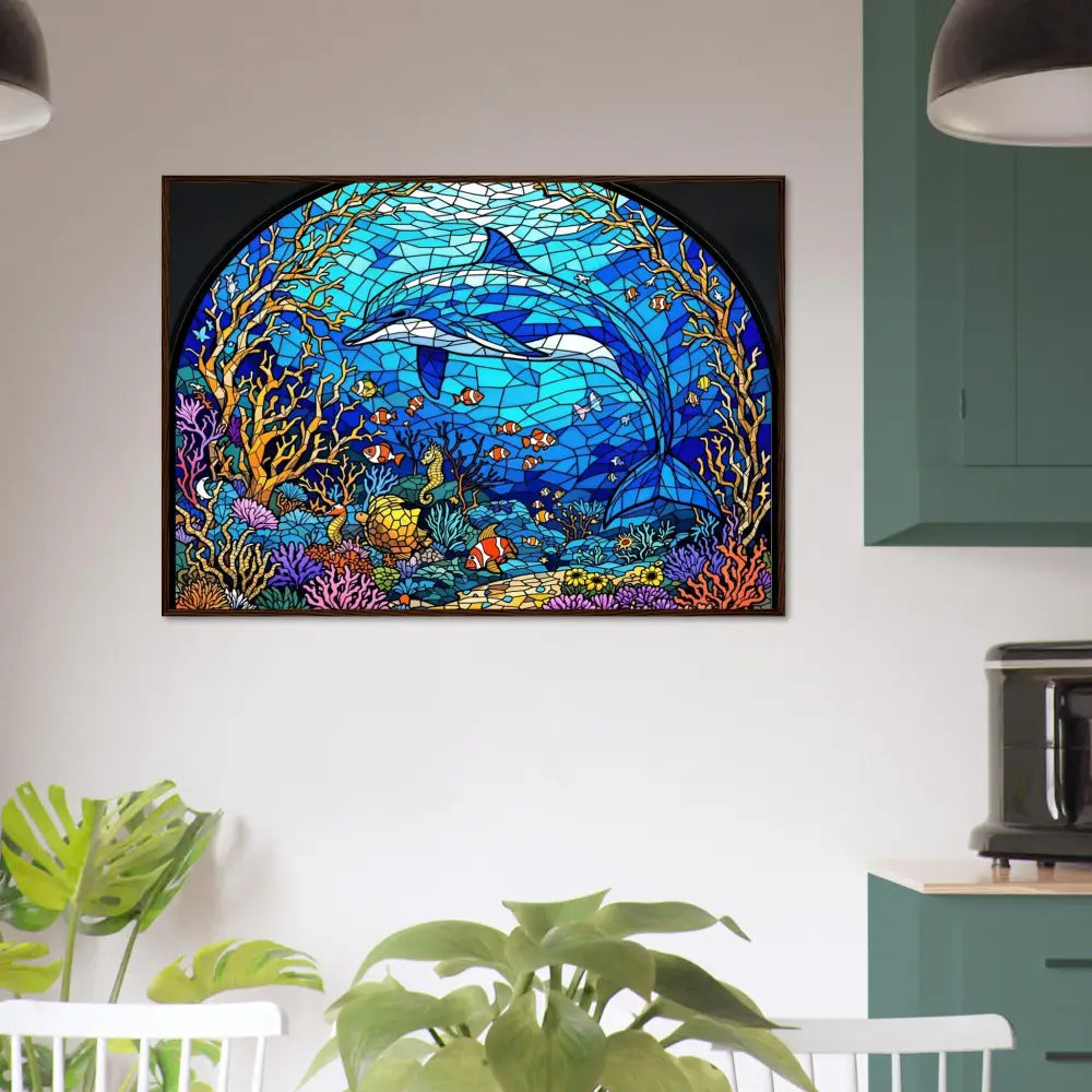 Dolphin stained glass artwork in Framed Poster Sea Cathedral PixiOnyx Oceanlight Relic