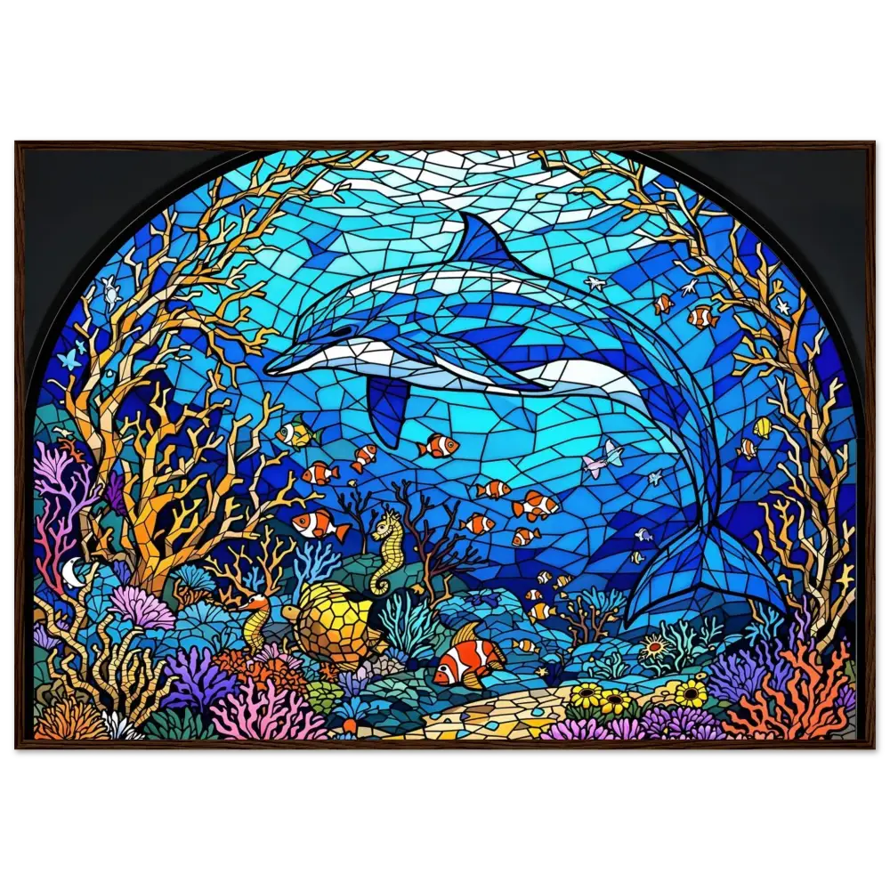 Stained glass dolphin scene from Framed Poster Sea Cathedral PixiOnyx Oceanlight Relic