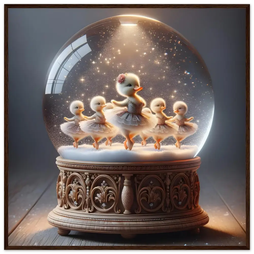 Duckling ballerinas inside a snow globe on a whimsical winter PixiOnyx framed poster