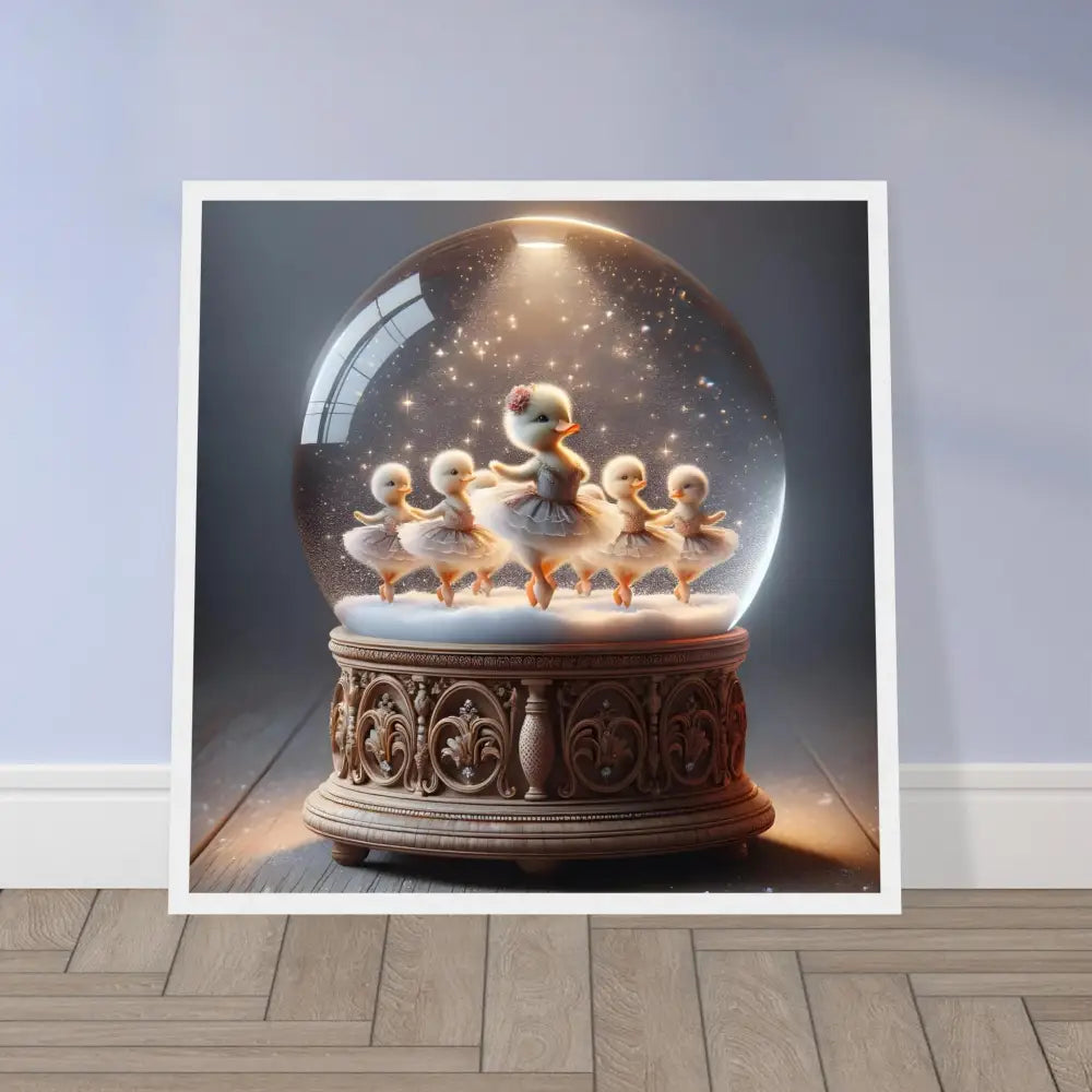 Duckling ballerina snow globe displayed on PixiOnyx Whimsical Winter Print framed poster