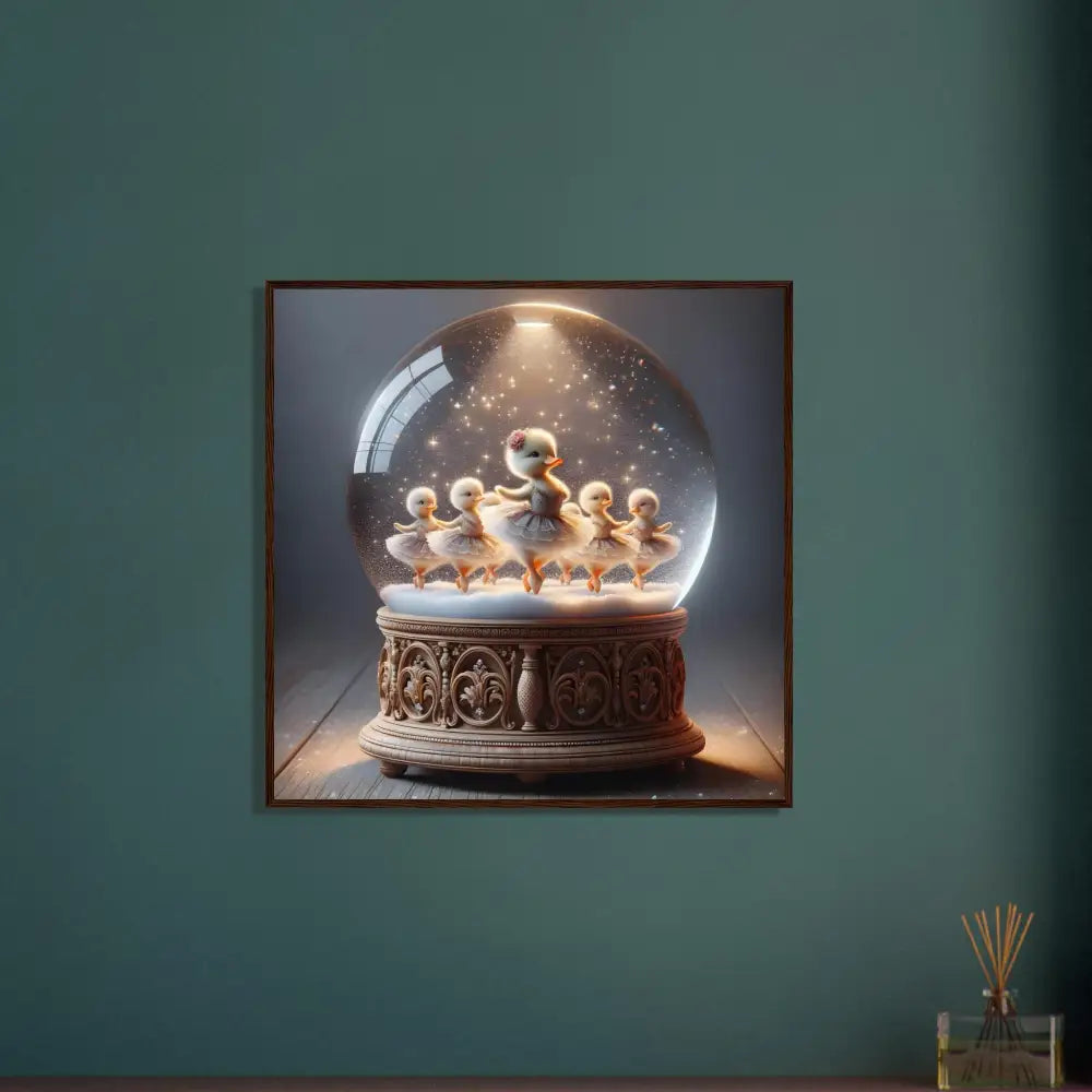 Duckling ballerina snow globe displayed in PixiOnyx Whimsical Winter Print framed poster