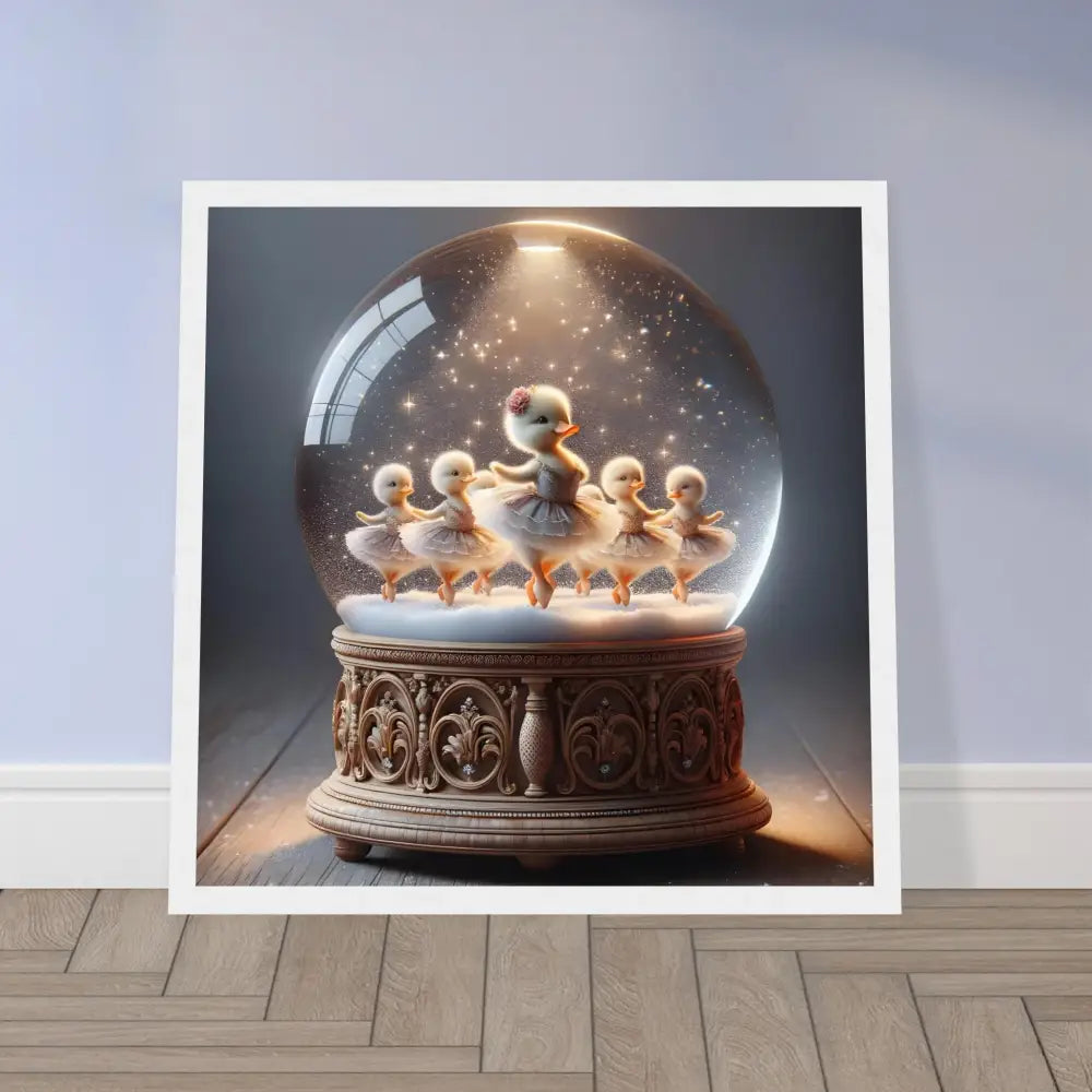 Duckling ballerina snow globe inside framed poster for whimsical winter decor