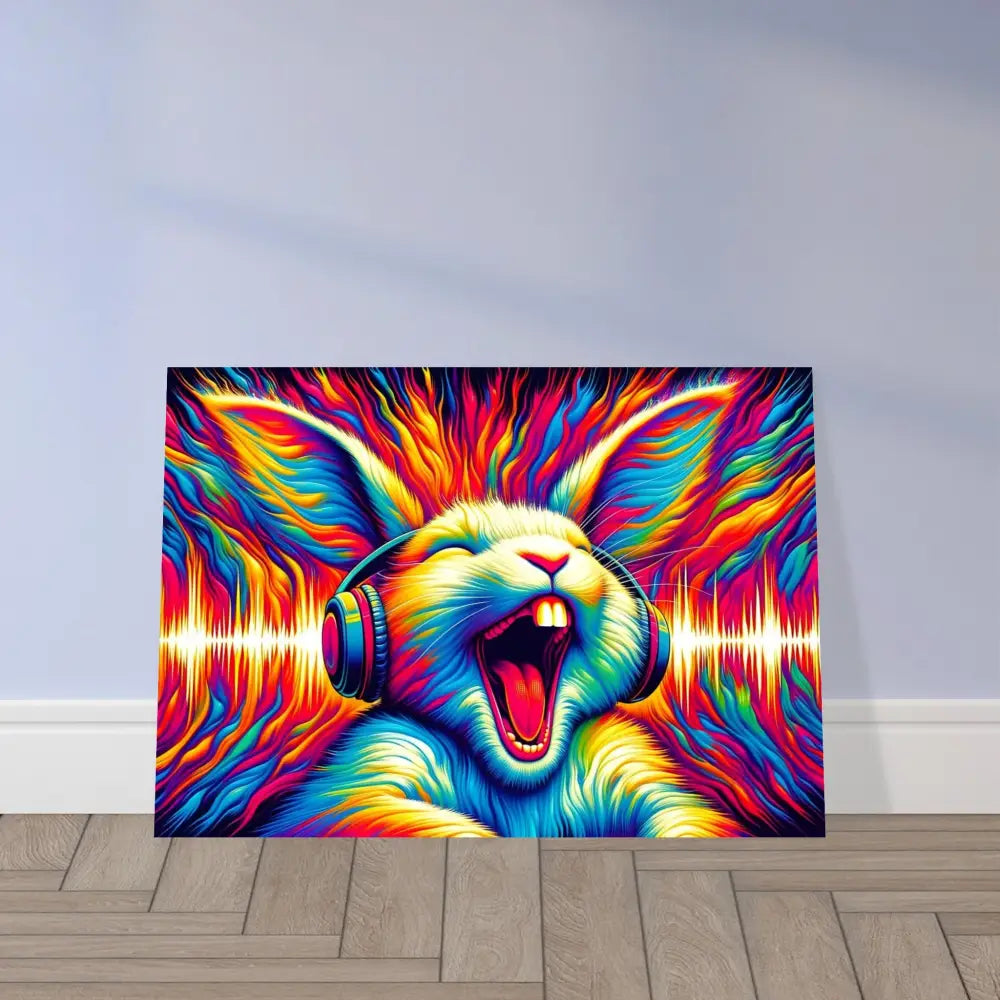 Colorful rabbit with headphones art on framed poster Sonic Scream Psycho Cottontail Quartet