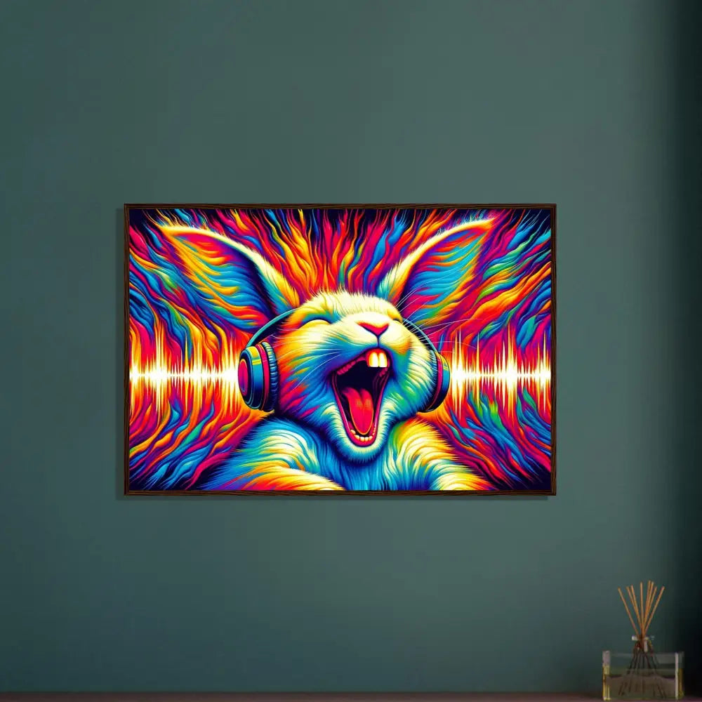 Colorful rabbit art with headphones in framed poster Sonic Scream by Psycho Cottontail Quartet