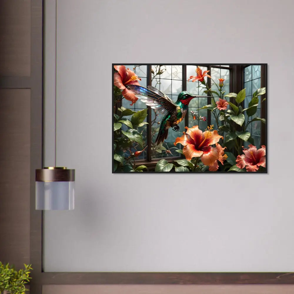 Framed Hummingbird and Hibiscus art poster from PixiOnyx Steampunk Botanical collection
