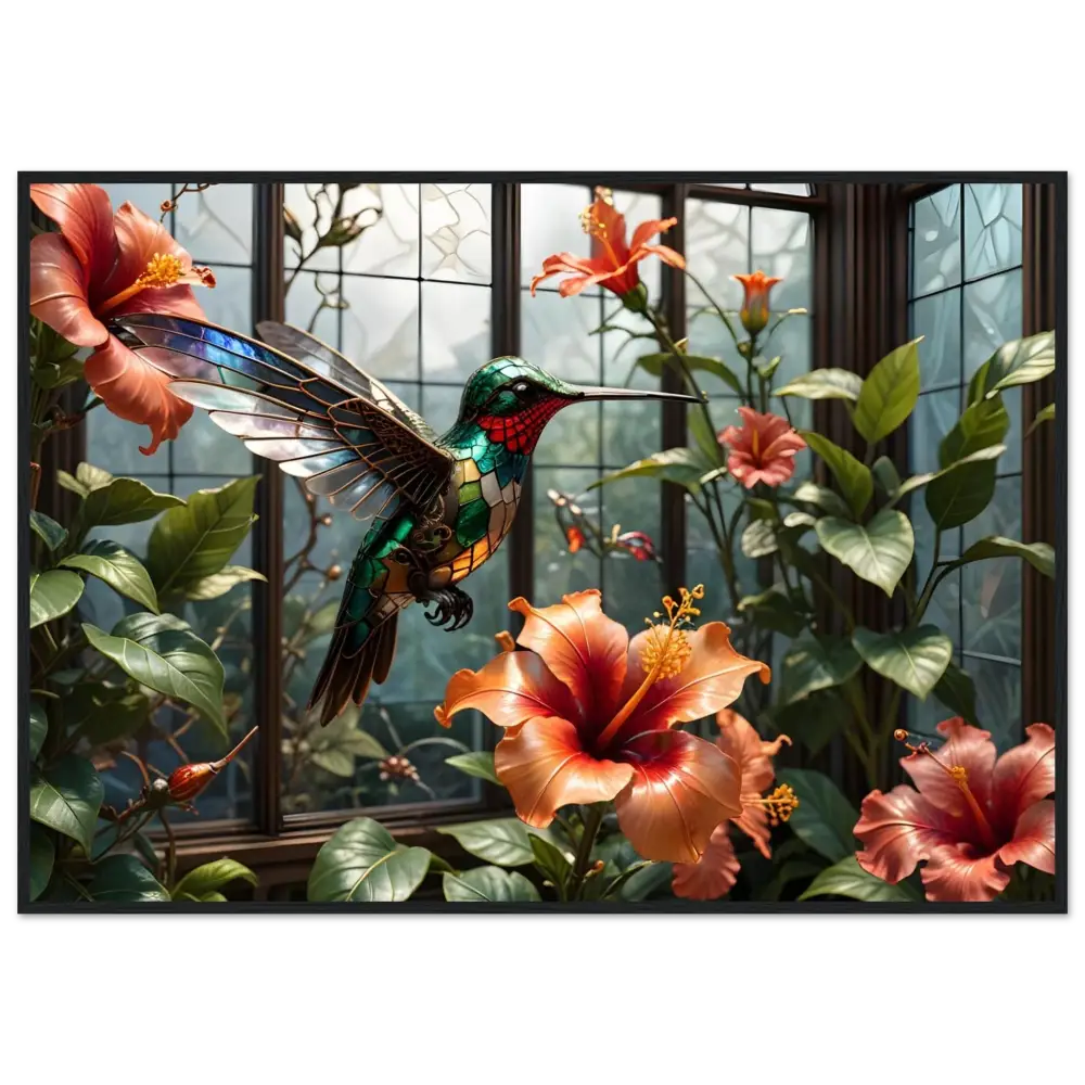 Stained glass hummingbird with hibiscus flowers framed poster PixiOnyx Steampunk Nature art