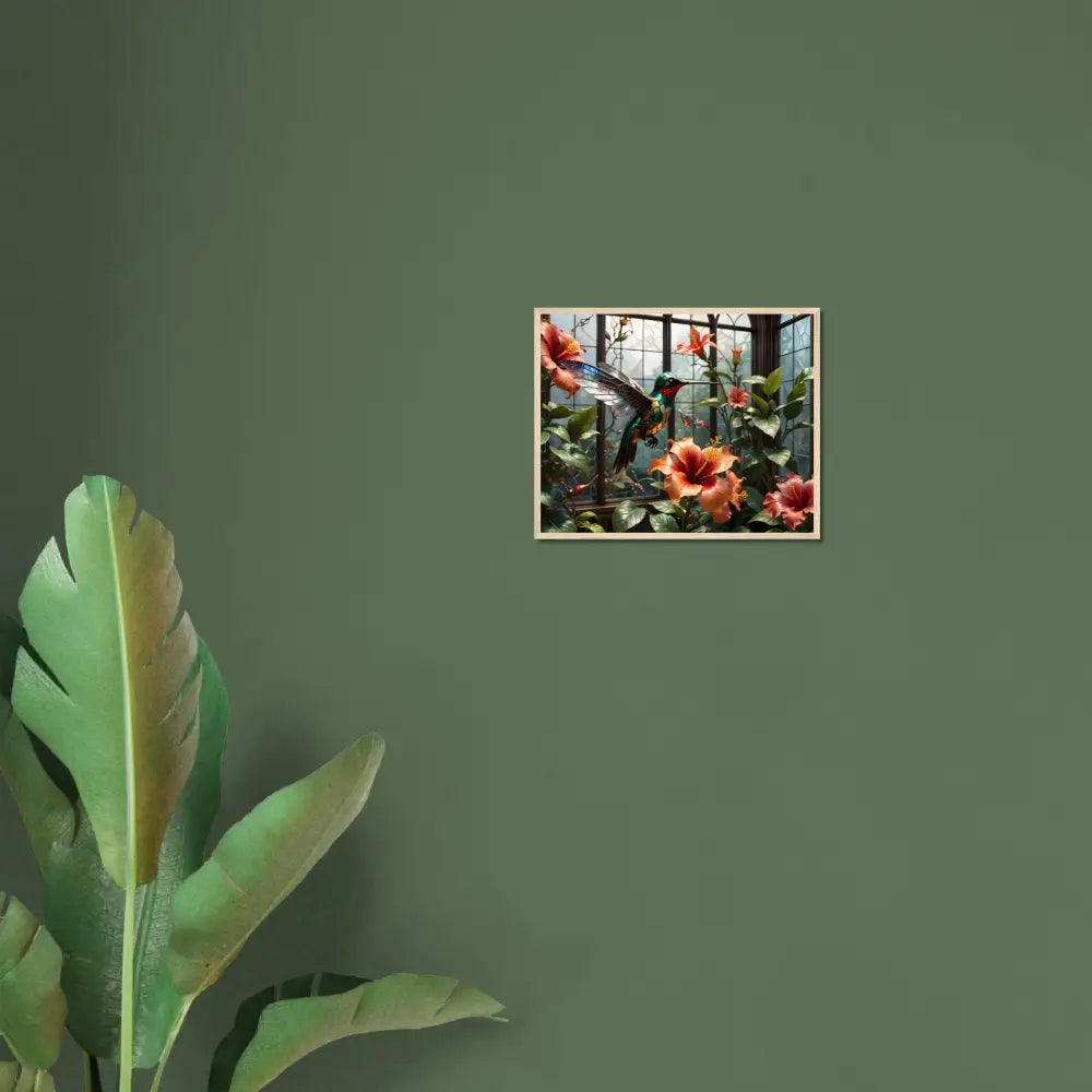 Framed hummingbird and hibiscus art poster displaying a steampunk nature-themed design