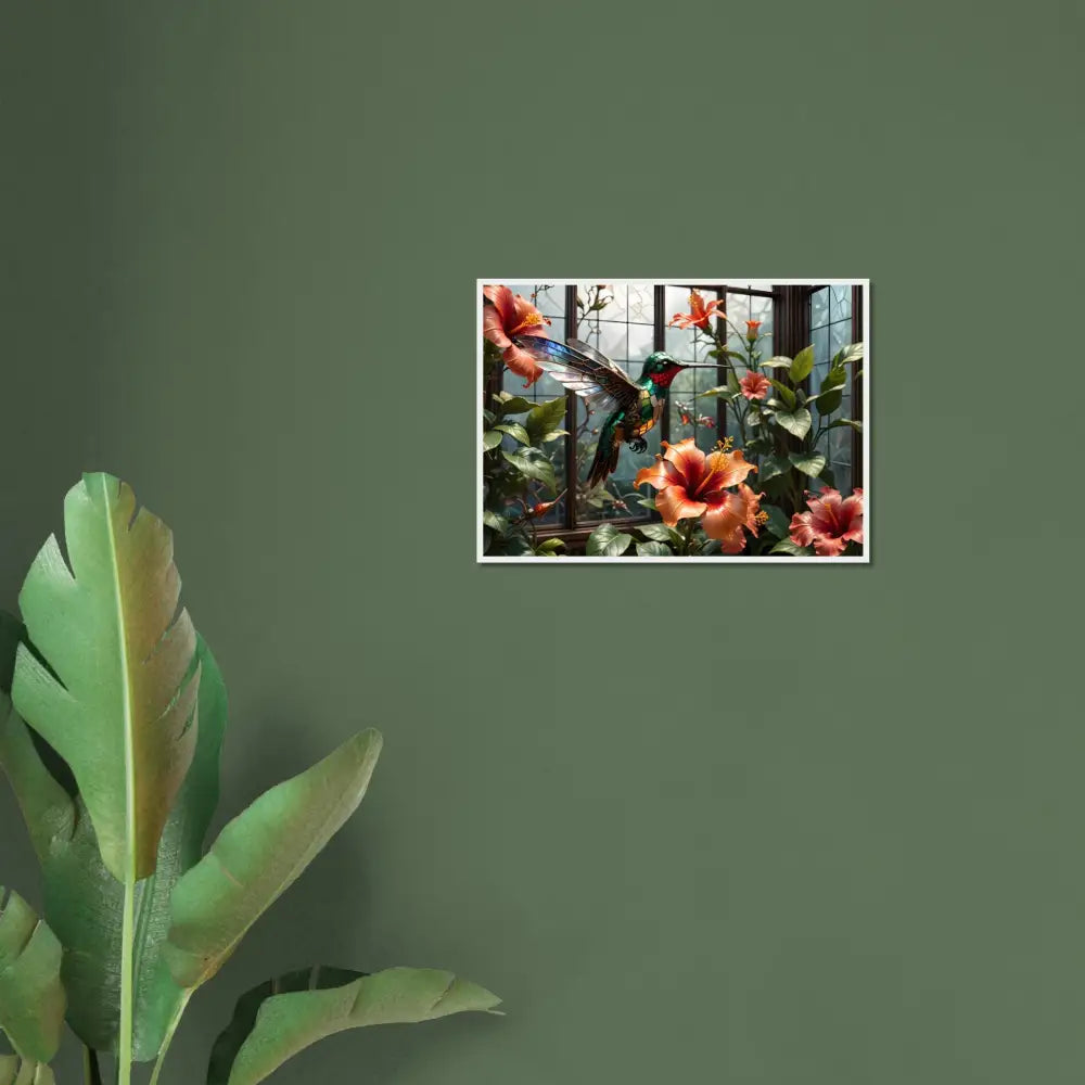Steampunk Hummingbird and Hibiscus framed print showcased in PixiOnyx Botanical Glitchpiece product