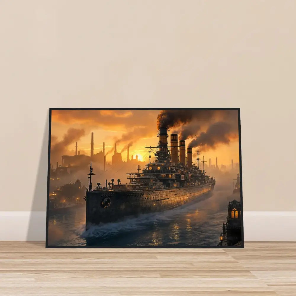 Framed Steel Leviathan poster with steampunk battleship at sunset in industrial cityscape