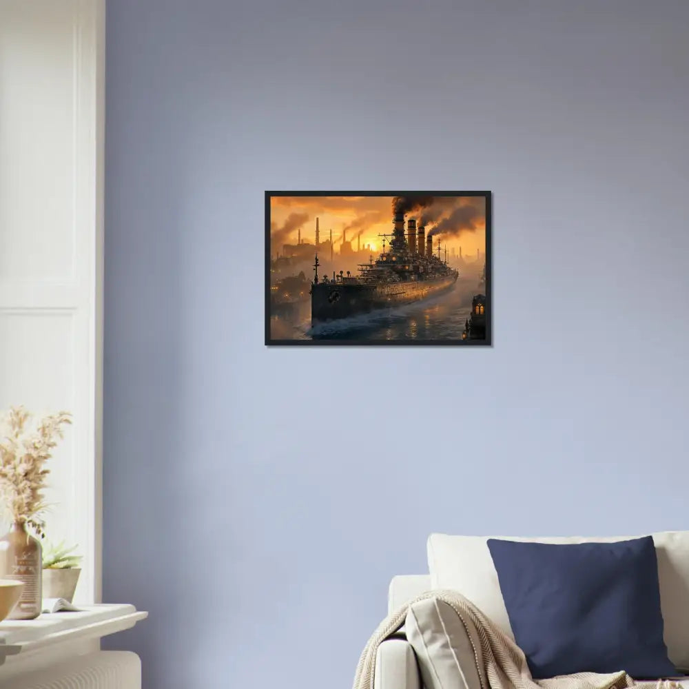 Framed print of Steel Leviathan at Dusk showcasing industrial landscape with ship, PixiOnyx Warcore Elegance