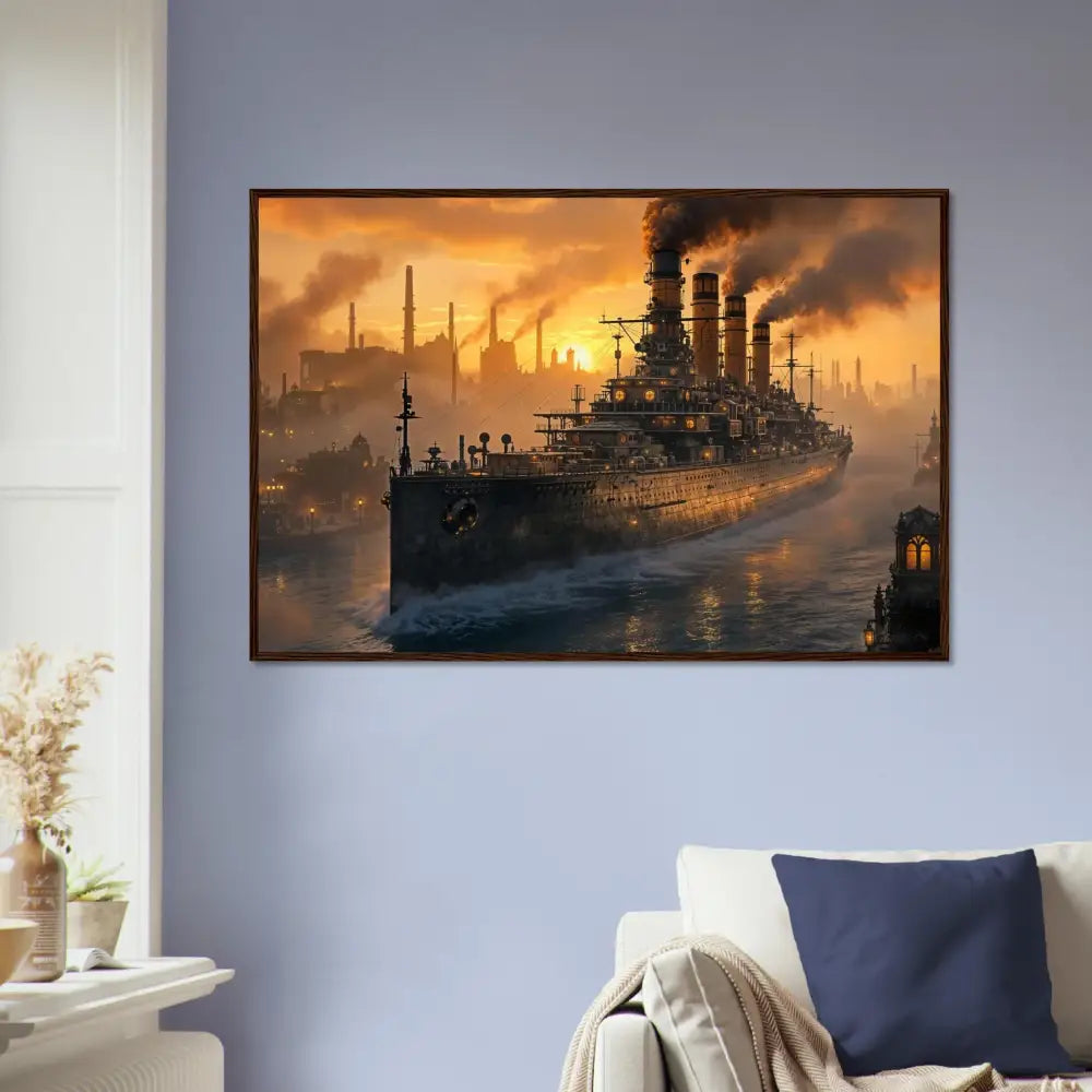 Framed poster of Steel Leviathan at Dusk showcasing PixiOnyx Warcore Elegance