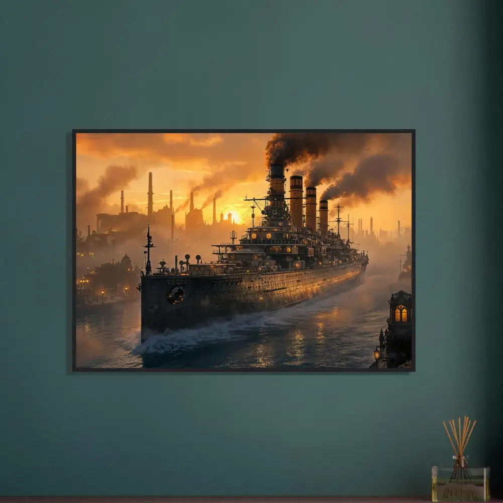 Framed Steel Leviathan poster shows a battleship looms at sunset in PixiOnyx Warcore Elegance style