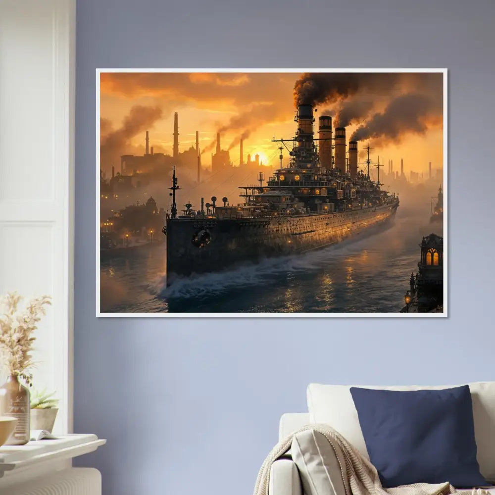 Framed Steel Leviathan poster showcasing steampunk battleship at dusk in PixiOnyx Warcore Elegance