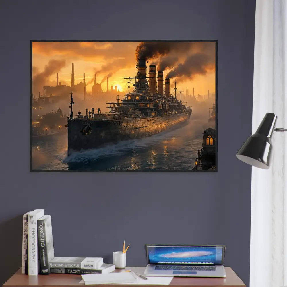 Framed print of Steel Leviathan looms in a steampunk harbor at sunset, PixiOnyx Warcore Elegance