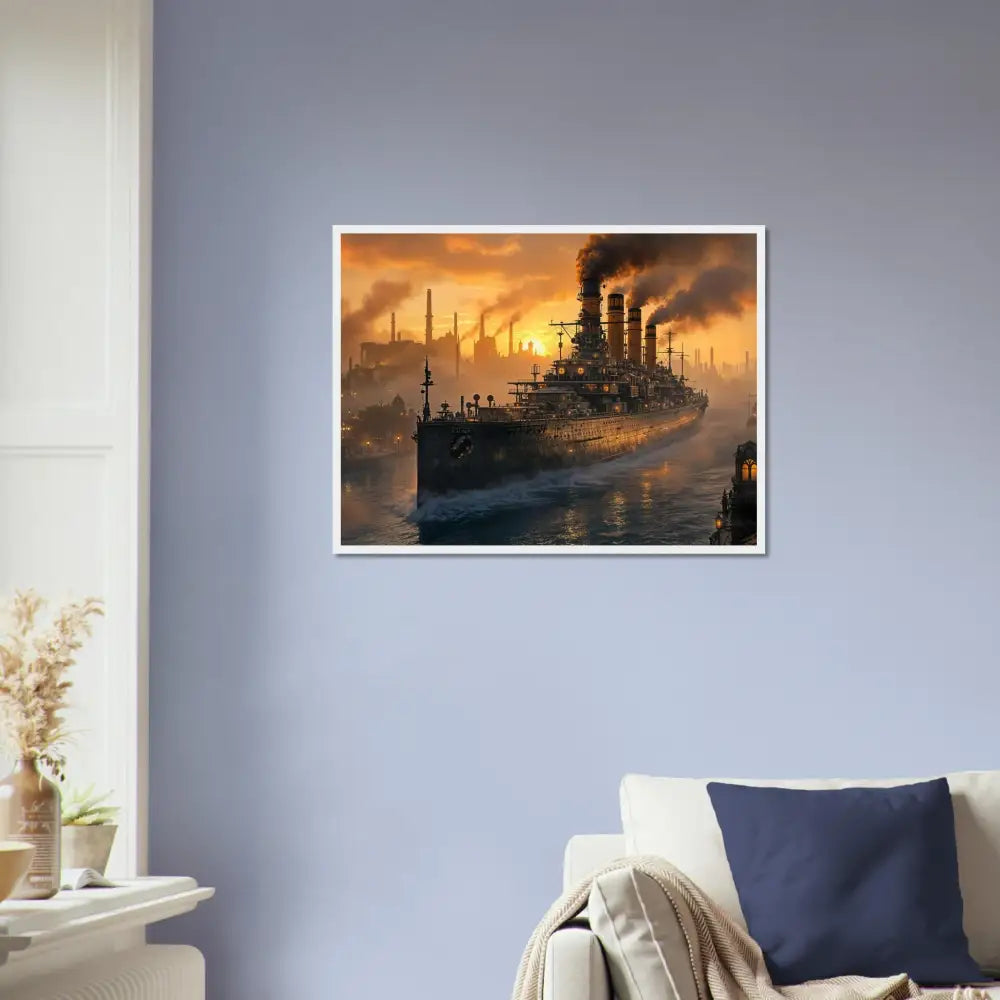 Framed poster of Steel Leviathan looms in harbor at sunset showcasing PixiOnyx Warcore Elegance