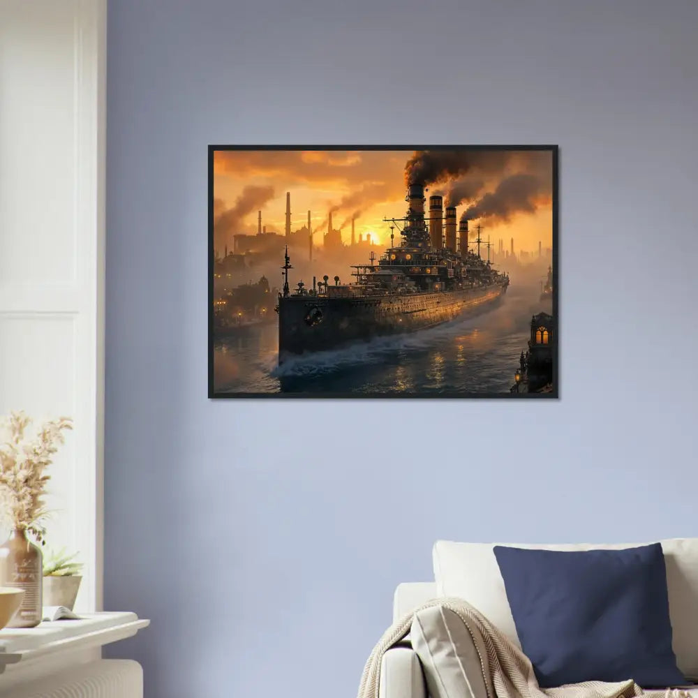 Framed artwork of Steel Leviathan looms in industrial harbor at sunset, PixiOnyx Warcore Elegance