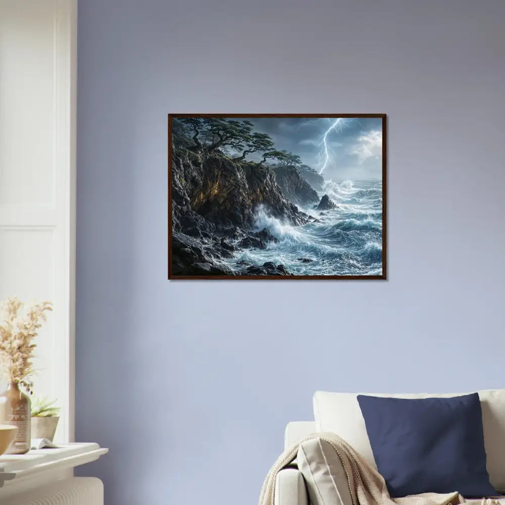 Sturdy wooden framed poster of stormy coastal landscape with crashing waves and lightning
