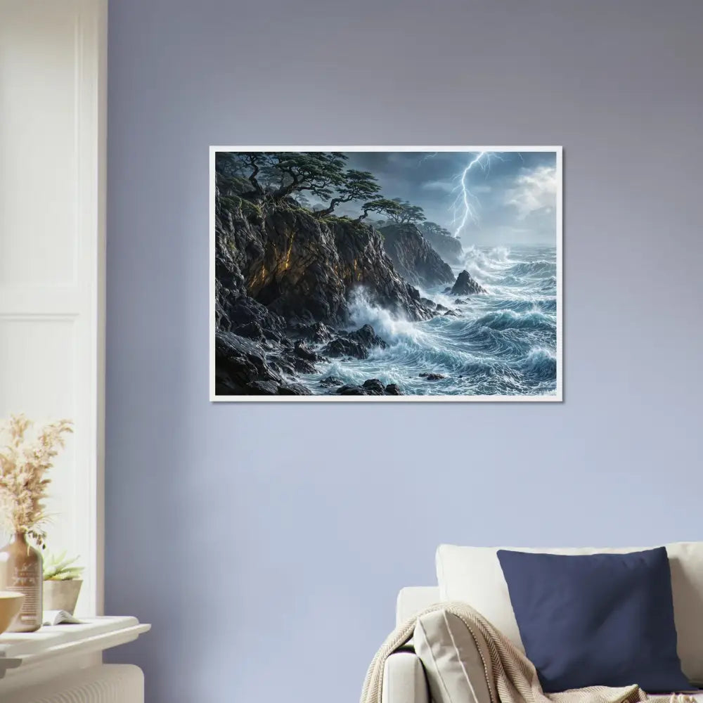 Sturdy wooden framed poster of stormy ocean with lightning at Stormroot Cliffs