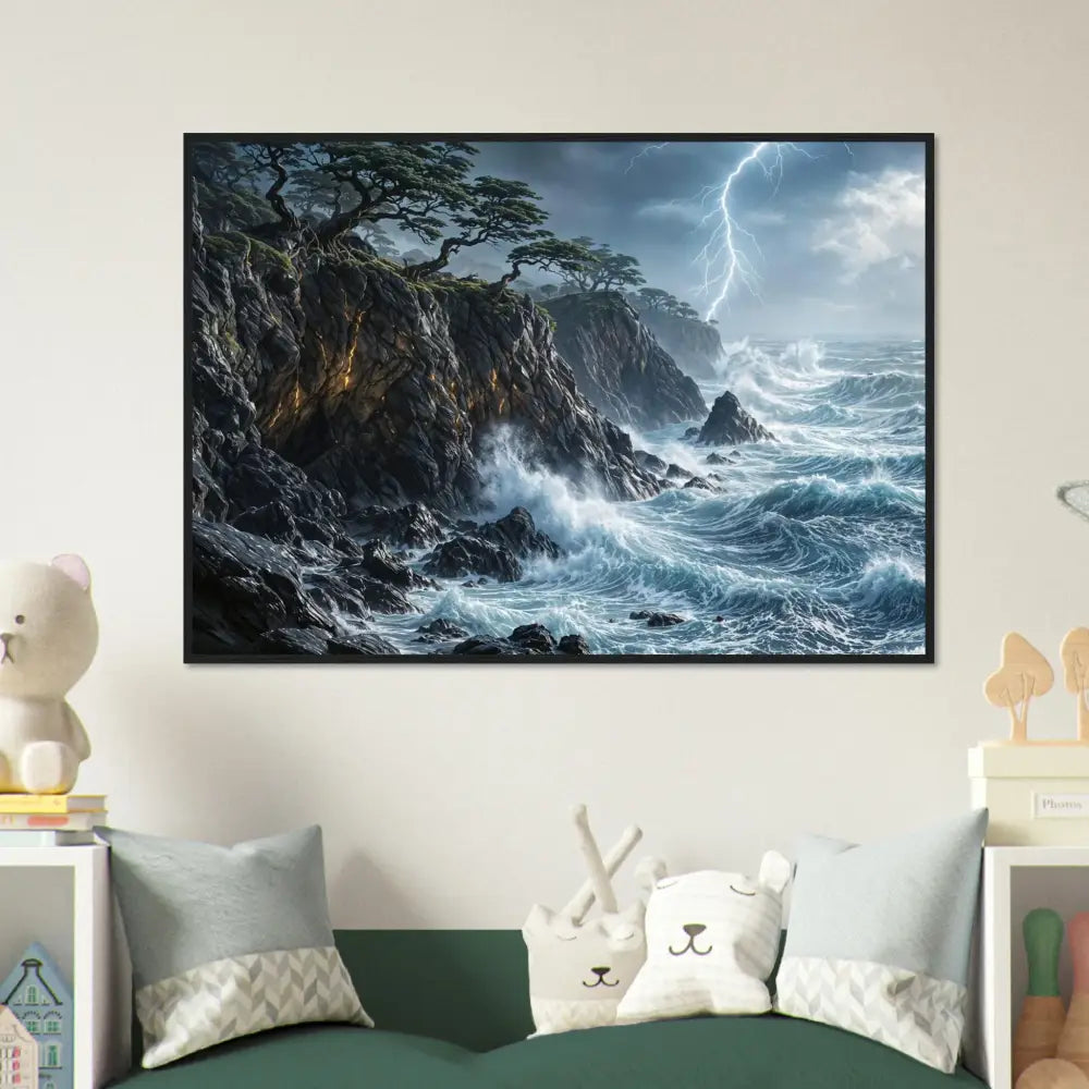 Dramatic seascape painting of stormy coast with lightning in sturdy wooden framed poster