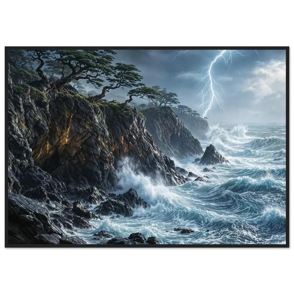 Sturdy wooden framed poster of Stormroot Cliffs with crashing waves and lightning strike