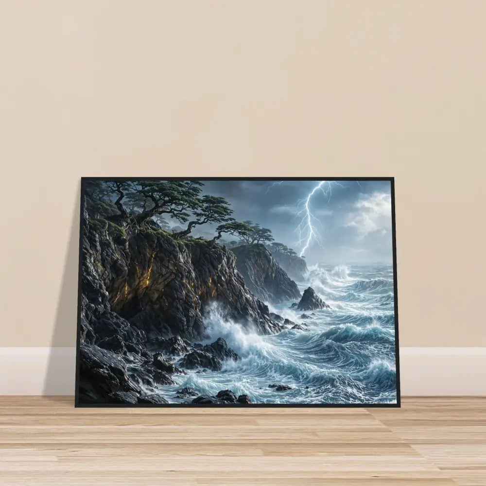 Sturdy wooden framed poster of stormy seascape with lightning on heavyweight white matte