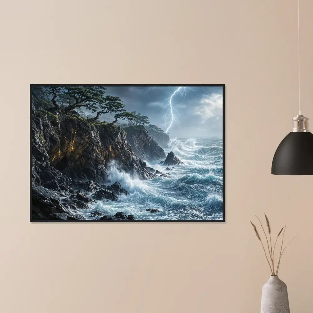 Sturdy wooden framed poster of stormy seascape with crashing waves and lightning