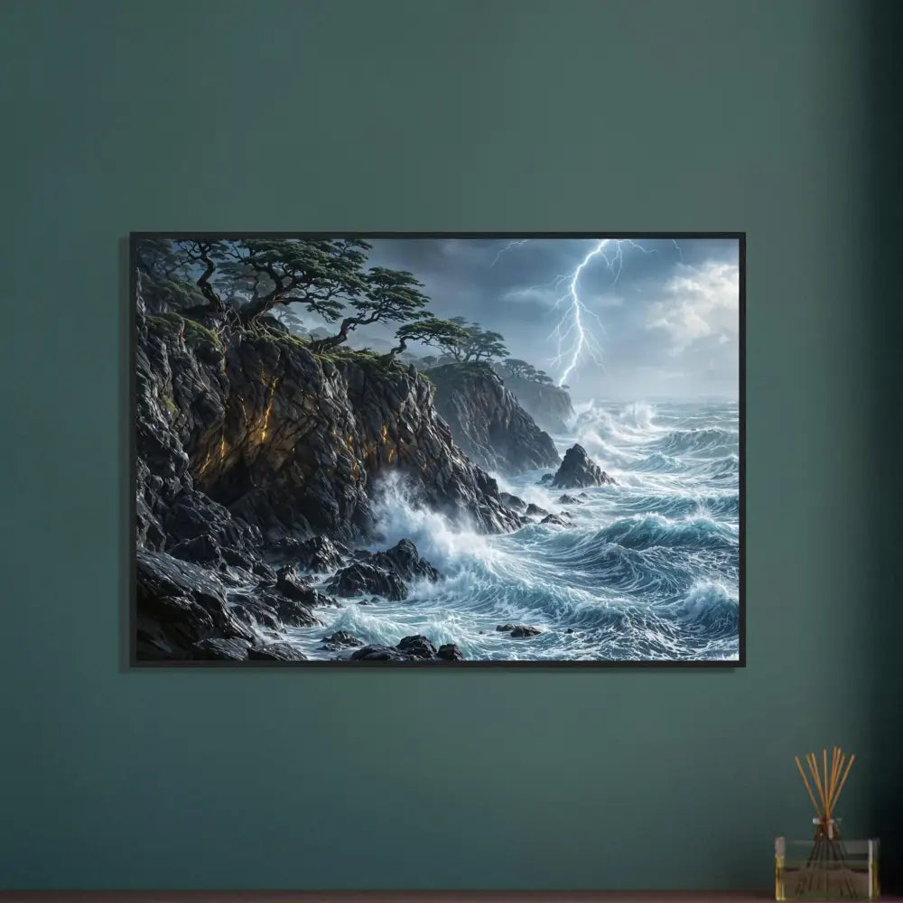 Sturdy wooden framed poster of stormy ocean scene with lightning on heavyweight white matte