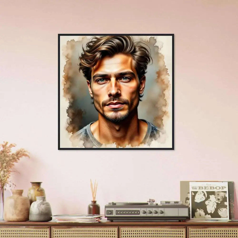 Framed watercolor portrait of a man with wavy brown hair from Stormworn Resolve collection