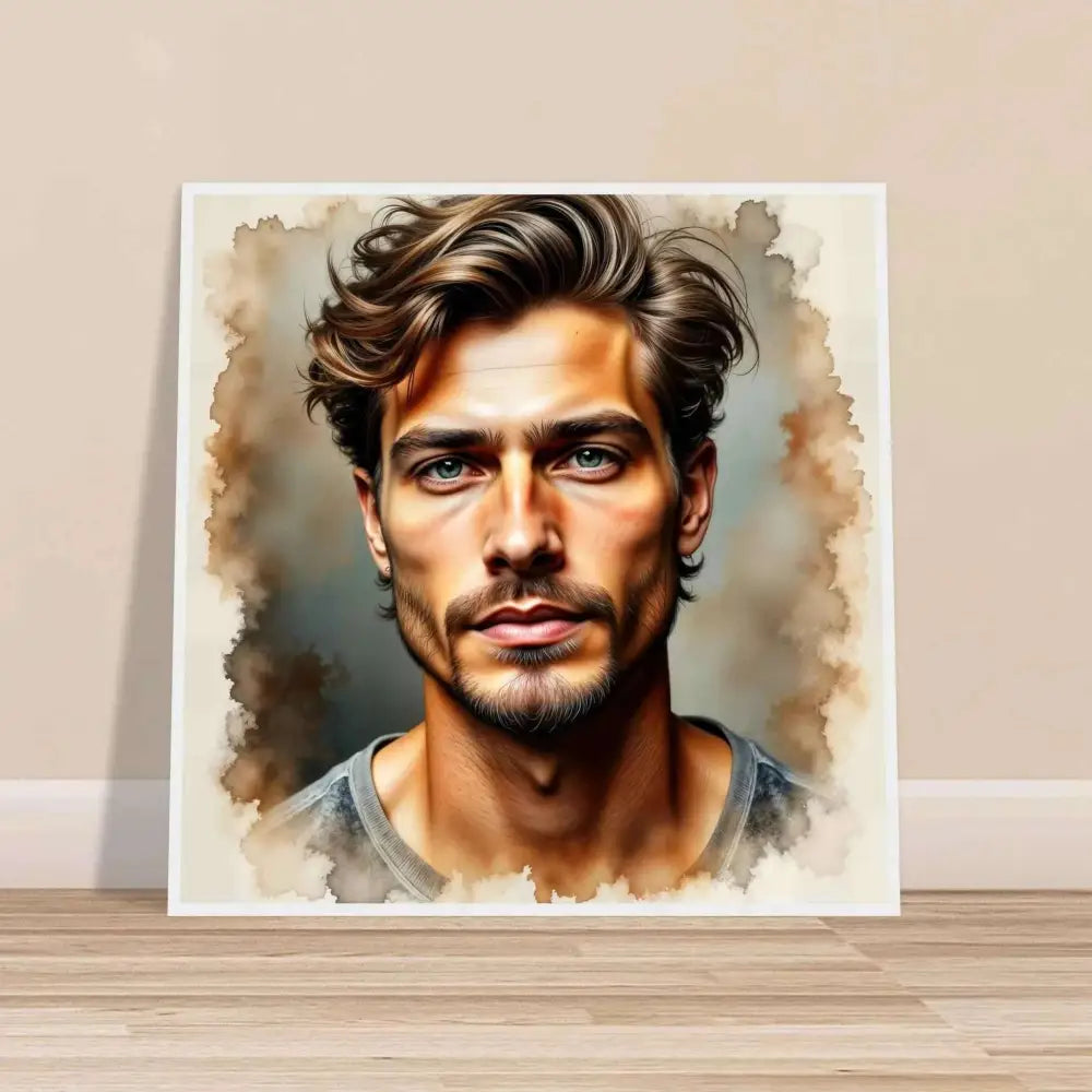 Watercolor-style portrait of a handsome man with beard and wavy brown hair for Stormworn Resolve display