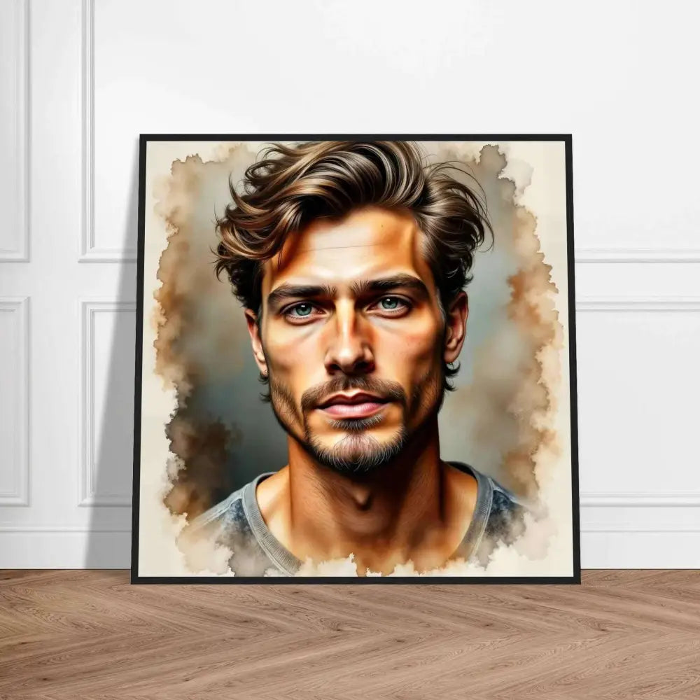 Framed watercolor portrait of a handsome man with solemn stare carved in Stormworn Resolve style