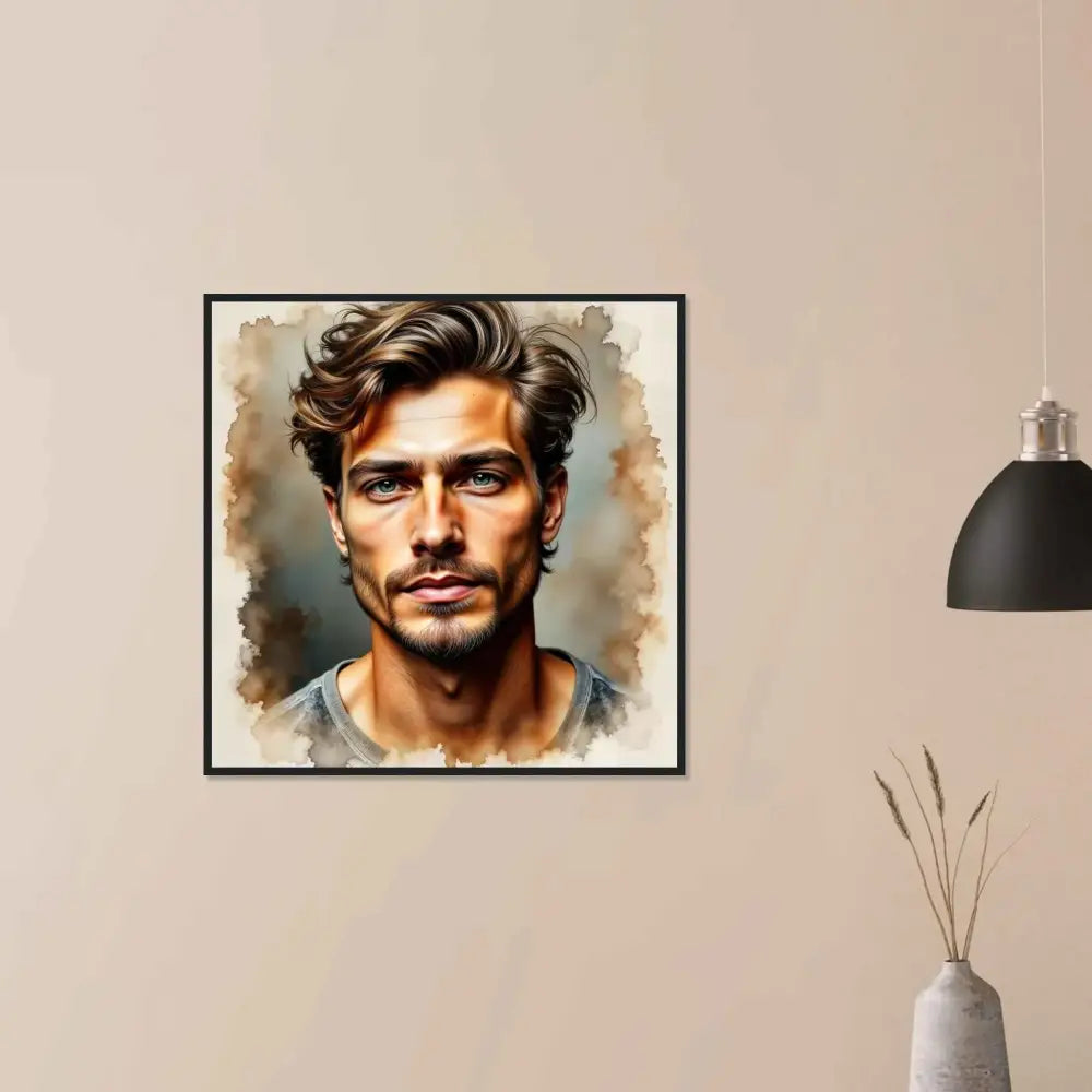 Framed watercolor portrait of a man with wavy brown hair from Stormworn Resolve series