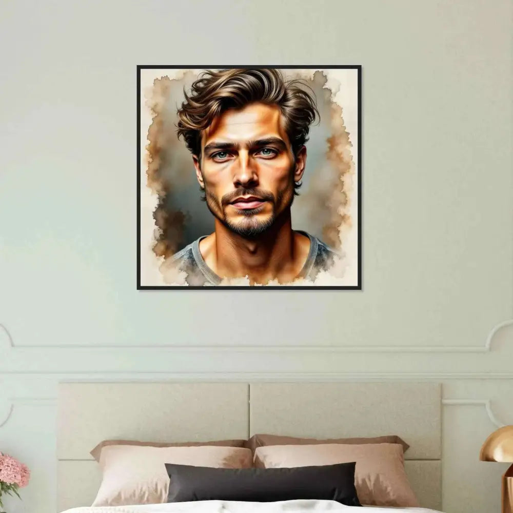 Framed watercolor portrait of a handsome man with light eyes from Stormworn Resolve collection