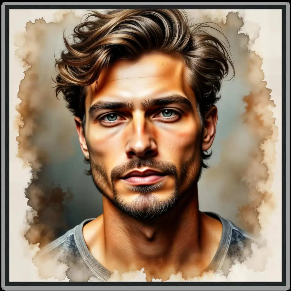 Framed Poster Stormworn Resolve features a man with brown wavy hair, beard, and blue eyes