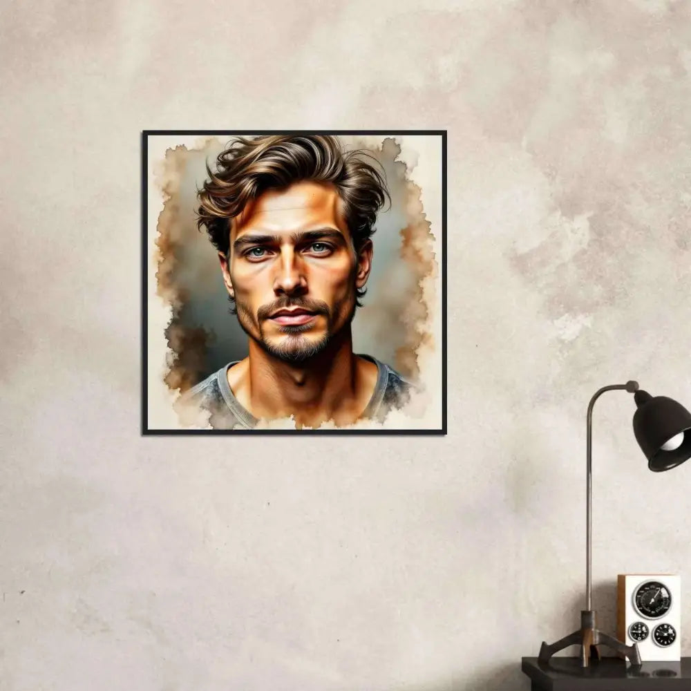 Framed watercolor portrait of a handsome man with green eyes from Stormworn Resolve series