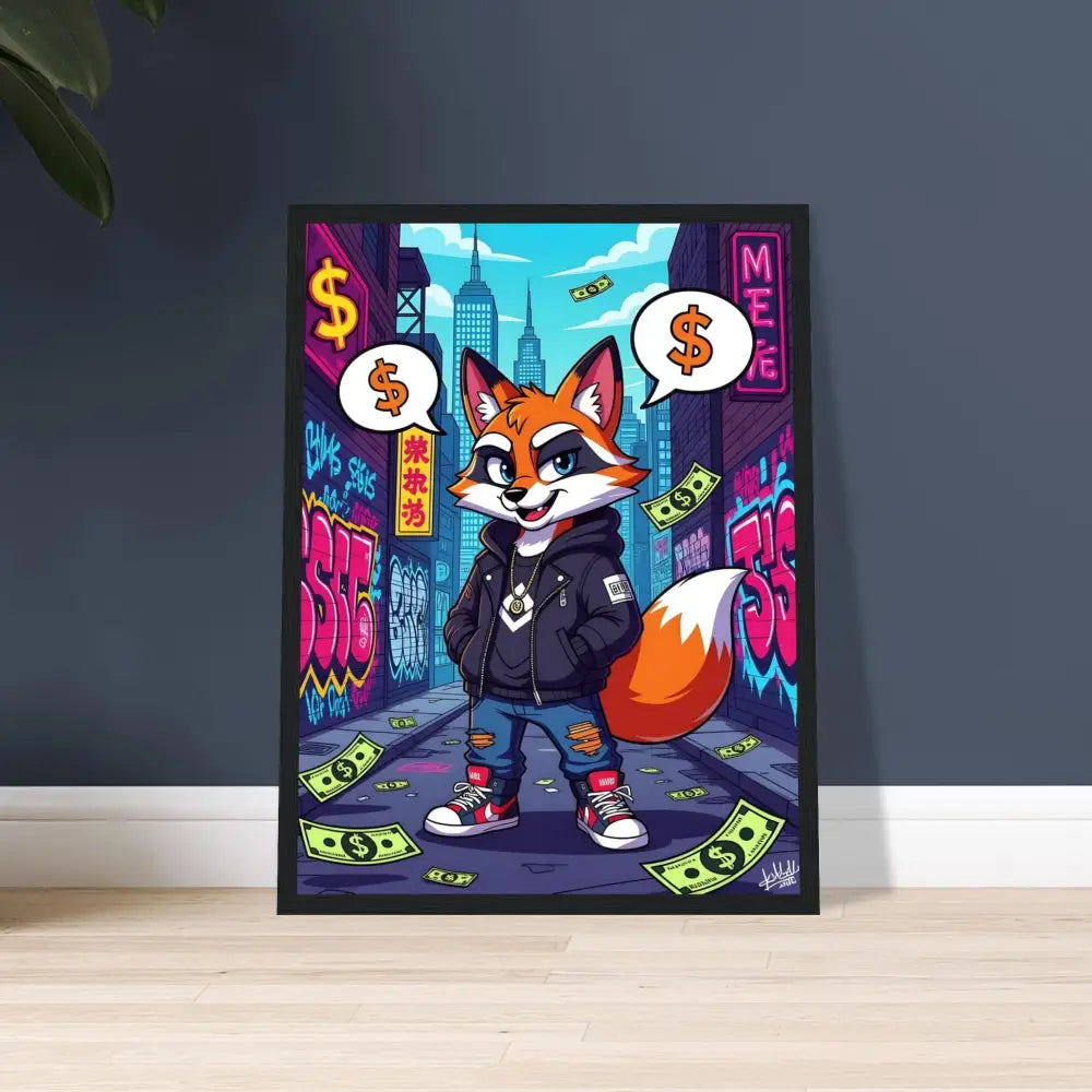 Framed cartoon fox art from PixiOnyx Urban Styled Street Hustle Fox poster