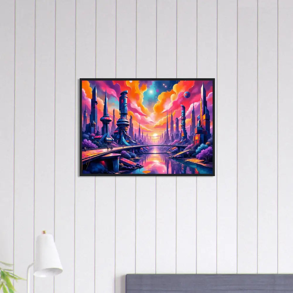 Framed vibrant fantasy cityscape painting with vivid cosmic skyline surges and futuristic towers collide